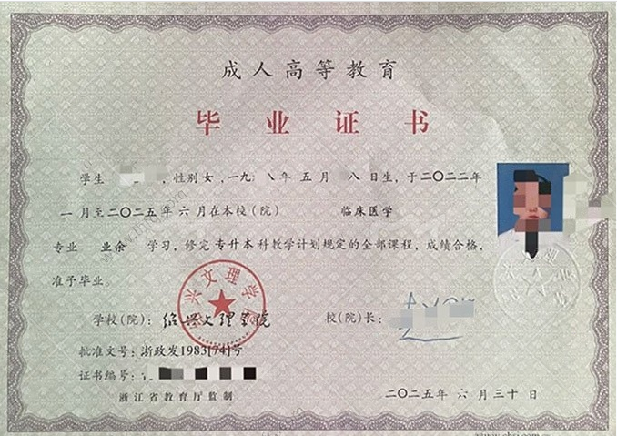 绍兴文理学院2025年业余专升本科毕业证书样本图片（临床医学）