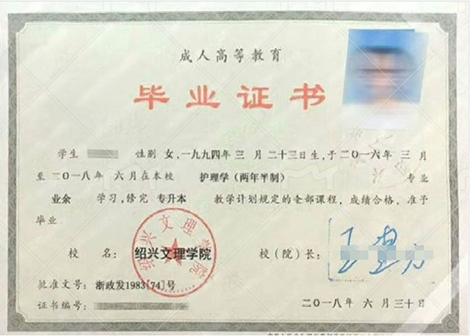 绍兴文理学院2018年业余专升本科毕业证书样本图片（护理学）